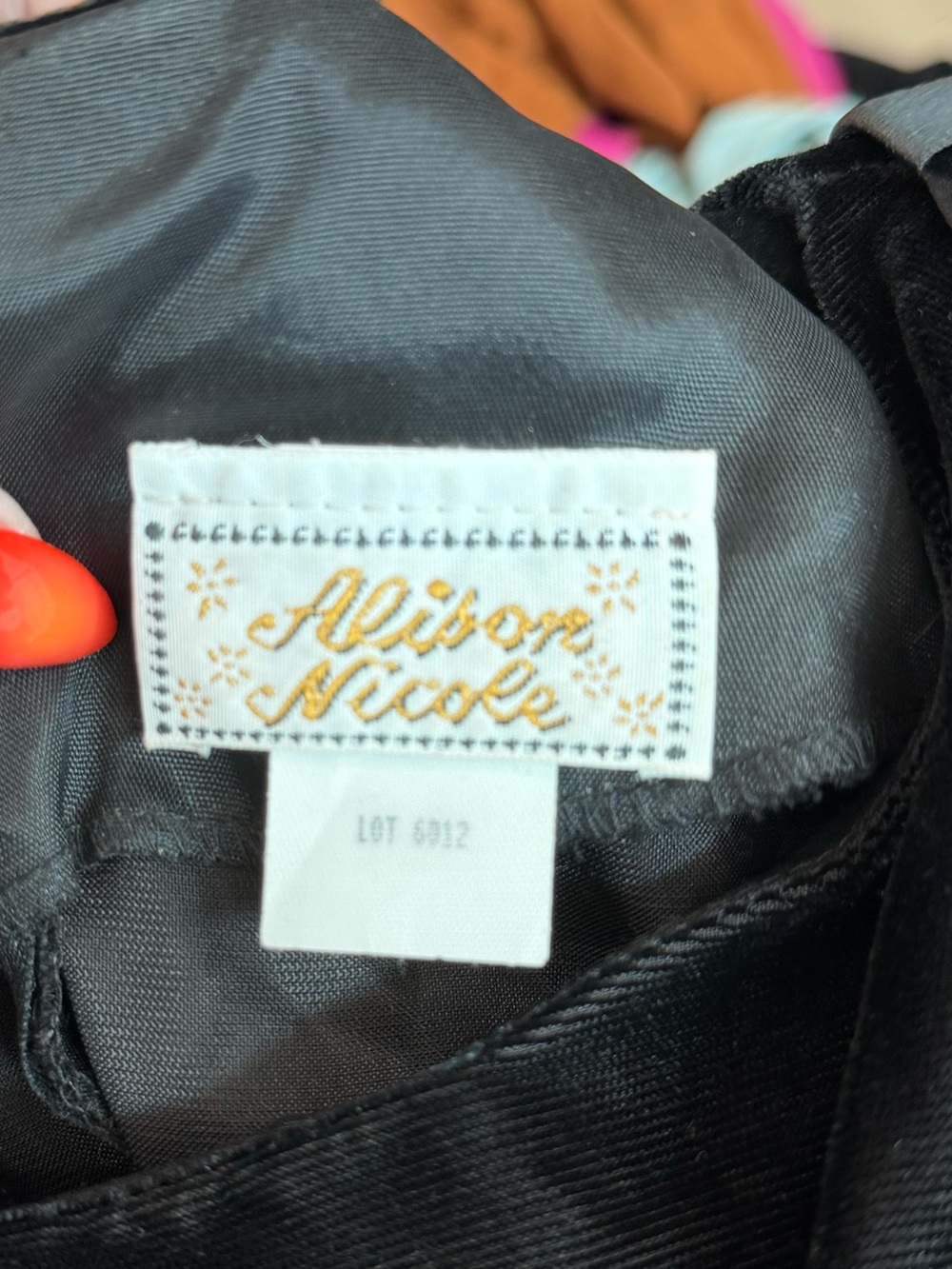 VTG Alison Nicole Black Velvet Dress Puff Sleeve Gold Metallic Brocade Bows Size - Picture 4 of 6
